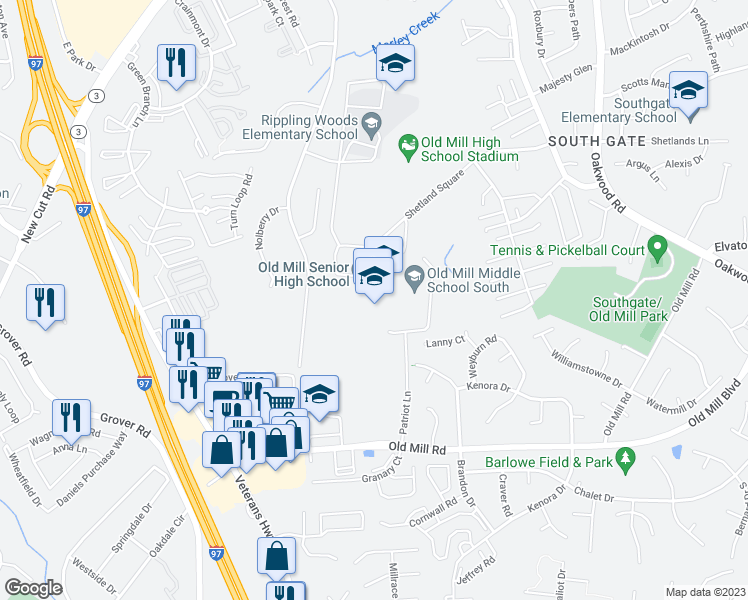 map of restaurants, bars, coffee shops, grocery stores, and more near 600 Patriot Lane in Millersville