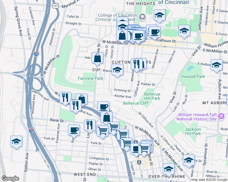 map of restaurants, bars, coffee shops, grocery stores, and more near 276 Emming Street in Cincinnati