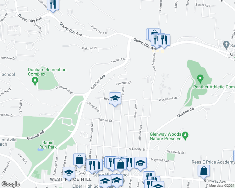 map of restaurants, bars, coffee shops, grocery stores, and more near 4015 Akochia Avenue in Cincinnati