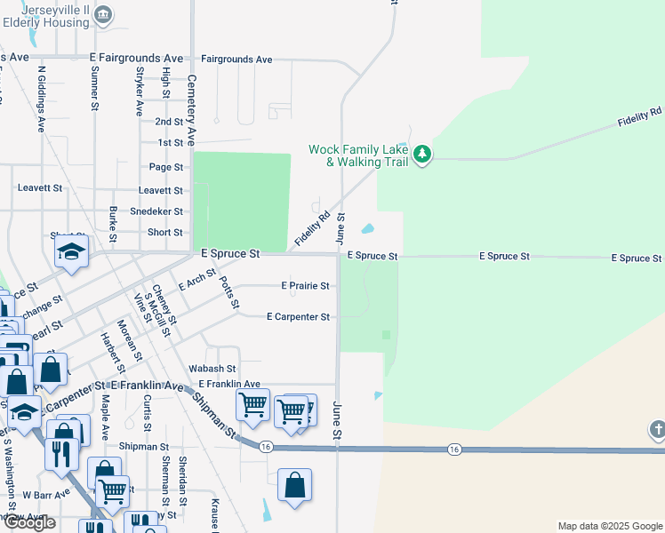 map of restaurants, bars, coffee shops, grocery stores, and more near 102 June Street in Jerseyville