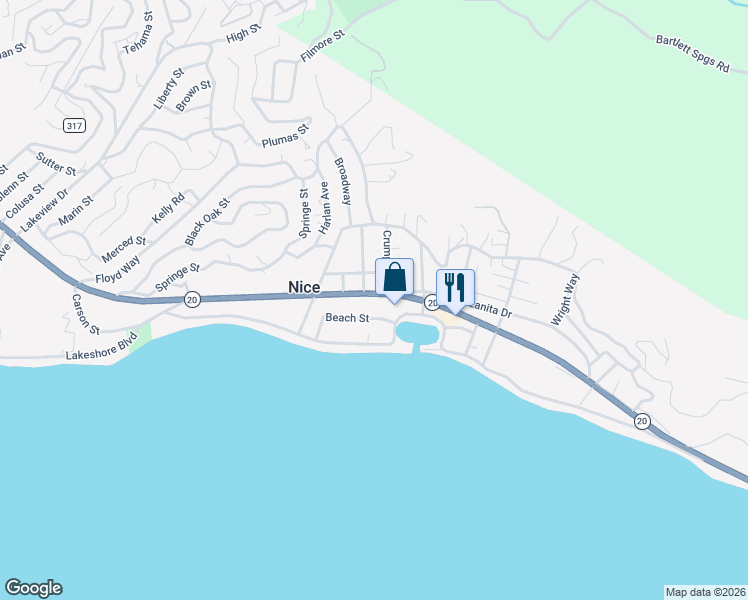 map of restaurants, bars, coffee shops, grocery stores, and more near 3527 California 20 in Upper Lake