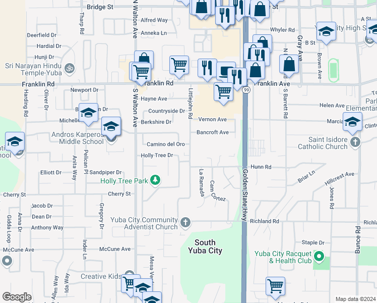 map of restaurants, bars, coffee shops, grocery stores, and more near 319 Littlejohn Road in Yuba City