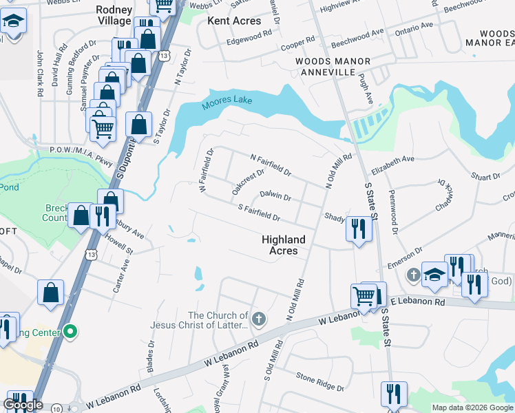 map of restaurants, bars, coffee shops, grocery stores, and more near 103 South Fairfield Drive in Dover