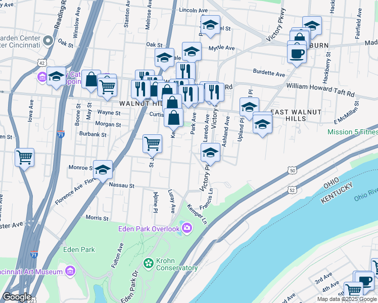 map of restaurants, bars, coffee shops, grocery stores, and more near 2306 Park Avenue in Cincinnati