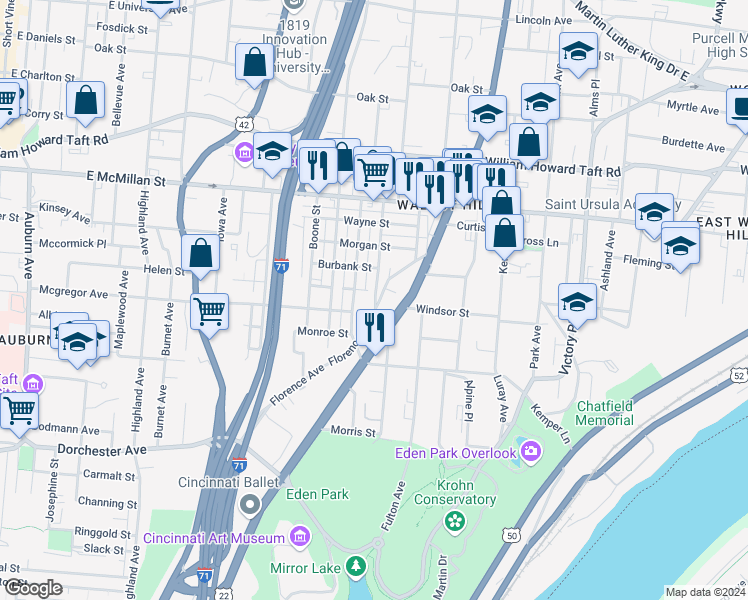 map of restaurants, bars, coffee shops, grocery stores, and more near 2319 Concord Street in Cincinnati