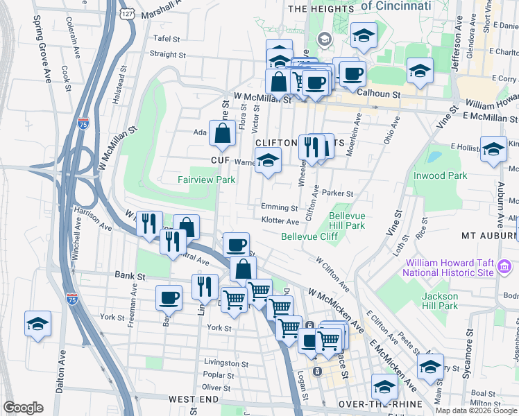 map of restaurants, bars, coffee shops, grocery stores, and more near 276 Emming Street in Cincinnati