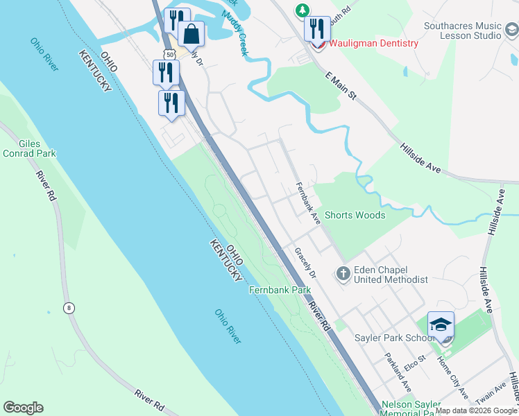 map of restaurants, bars, coffee shops, grocery stores, and more near 7172 River Road in Cincinnati
