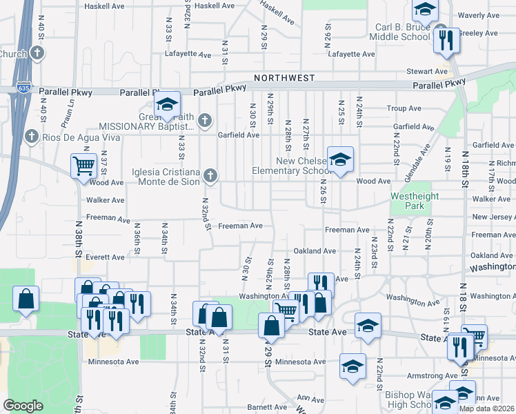 map of restaurants, bars, coffee shops, grocery stores, and more near 1707 North 30 Street in Kansas City