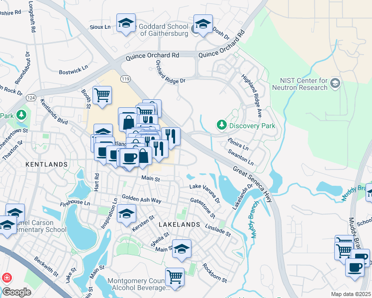 map of restaurants, bars, coffee shops, grocery stores, and more near 130 Chevy Chase Street in Gaithersburg