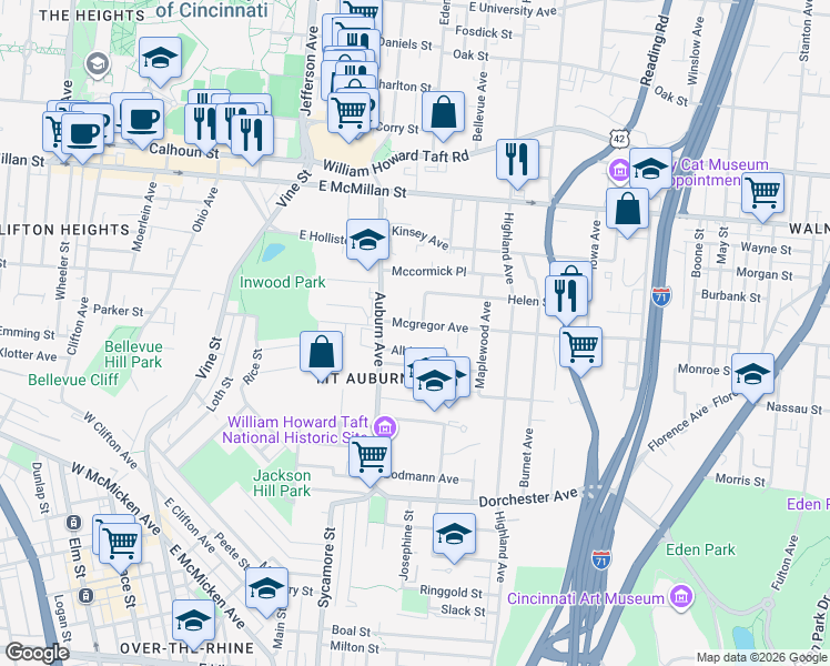 map of restaurants, bars, coffee shops, grocery stores, and more near 231 Mcgregor Avenue in Cincinnati