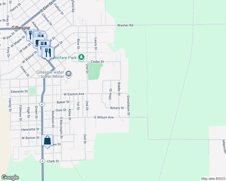 map of restaurants, bars, coffee shops, grocery stores, and more near 611 Olive Street in Gillespie