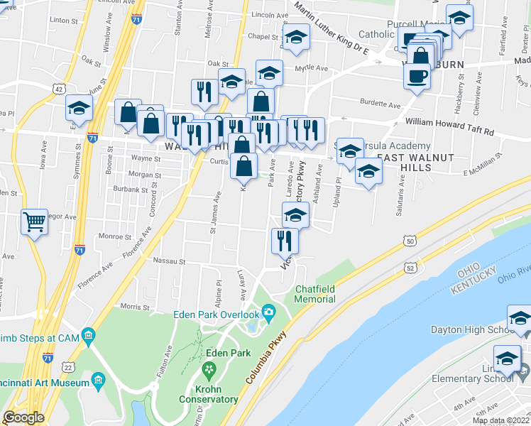 map of restaurants, bars, coffee shops, grocery stores, and more near 2306 Park Avenue in Cincinnati