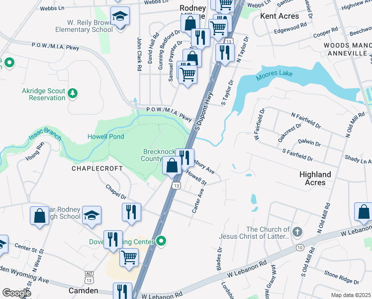 map of restaurants, bars, coffee shops, grocery stores, and more near 2015 South Dupont Highway in Dover