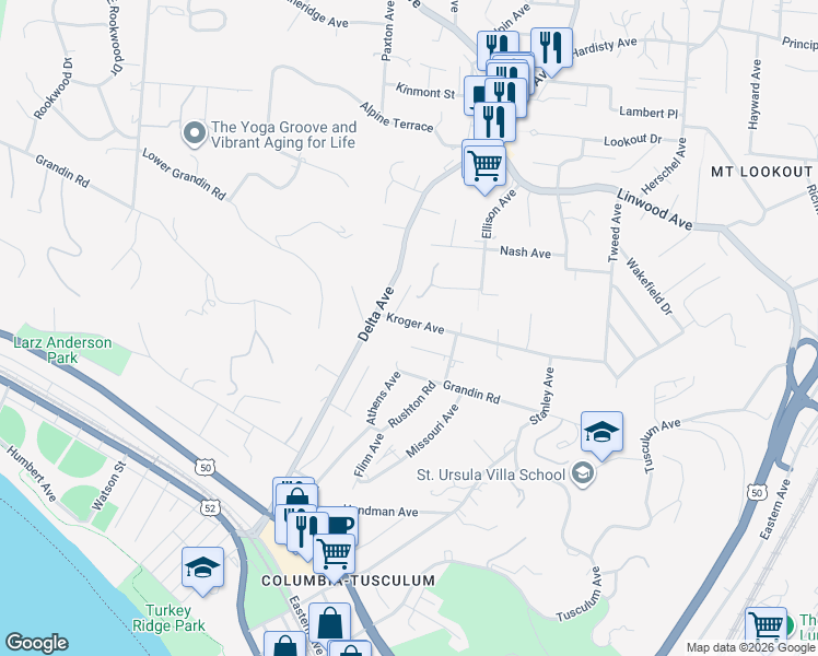 map of restaurants, bars, coffee shops, grocery stores, and more near 3527 Kroger Avenue in Cincinnati