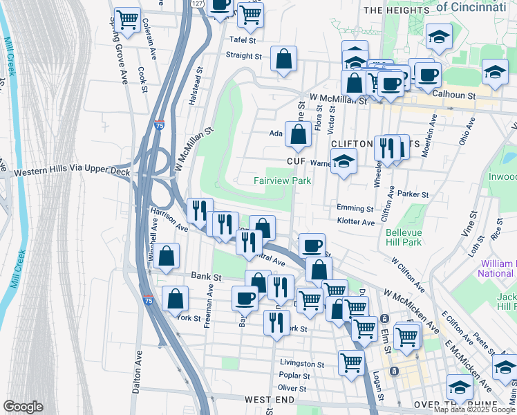 map of restaurants, bars, coffee shops, grocery stores, and more near 460 Conroy Street in Cincinnati