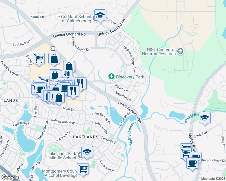 map of restaurants, bars, coffee shops, grocery stores, and more near 100 Swanton Lane in Gaithersburg
