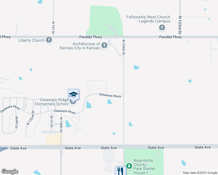 map of restaurants, bars, coffee shops, grocery stores, and more near 1625 North 127th Street in Kansas City