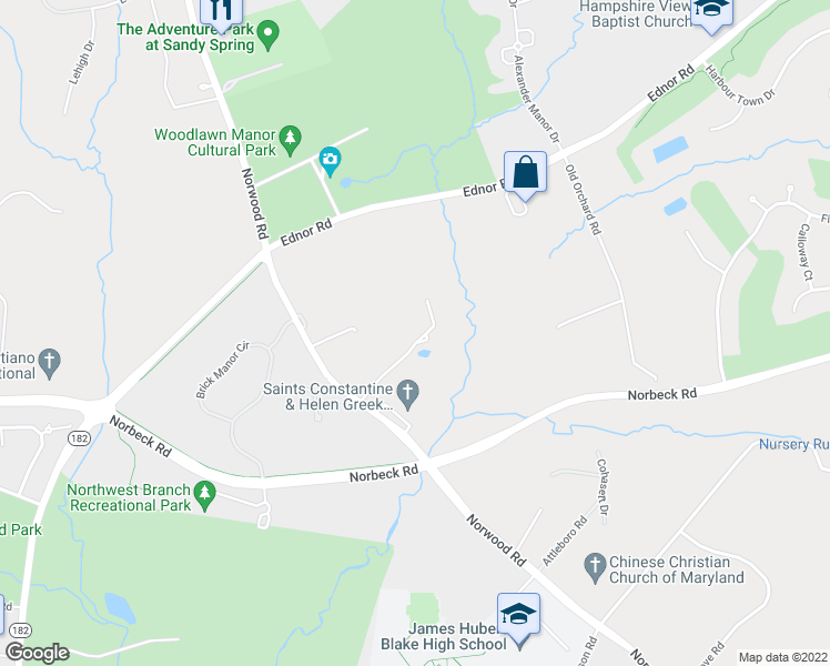 map of restaurants, bars, coffee shops, grocery stores, and more near 805 Norwood Road in Silver Spring