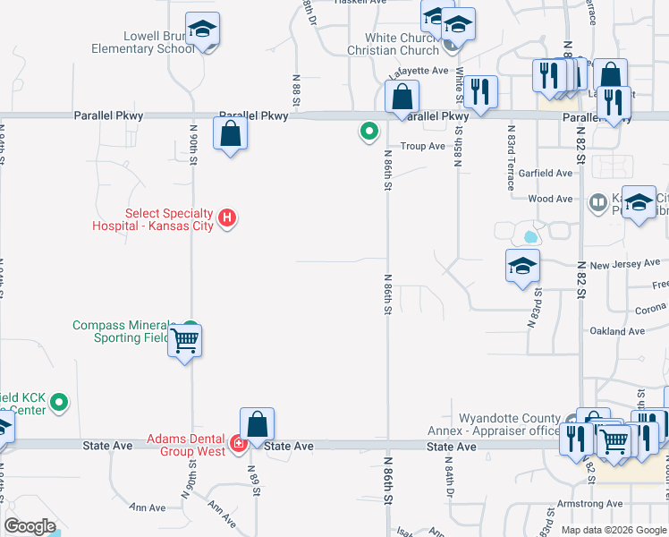map of restaurants, bars, coffee shops, grocery stores, and more near 8625 Walker Avenue in Kansas City