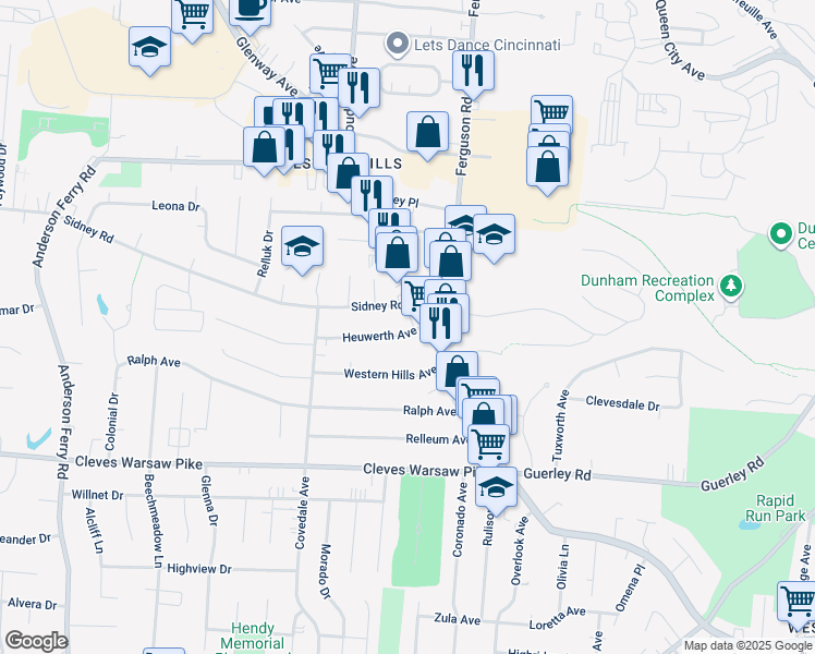 map of restaurants, bars, coffee shops, grocery stores, and more near 4912 Heuwerth Avenue in Cincinnati