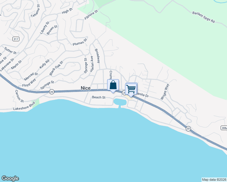 map of restaurants, bars, coffee shops, grocery stores, and more near 3527 California 20 in Upper Lake