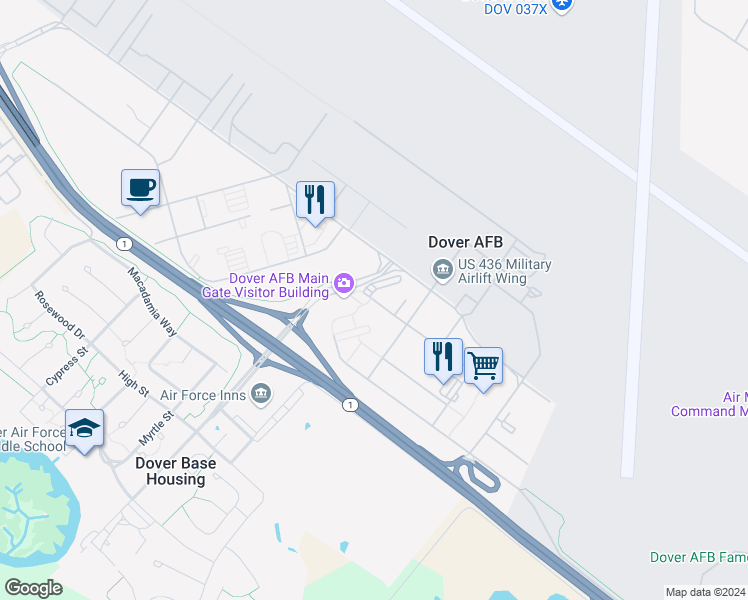 map of restaurants, bars, coffee shops, grocery stores, and more near 300 Tuskegee Street in Dover