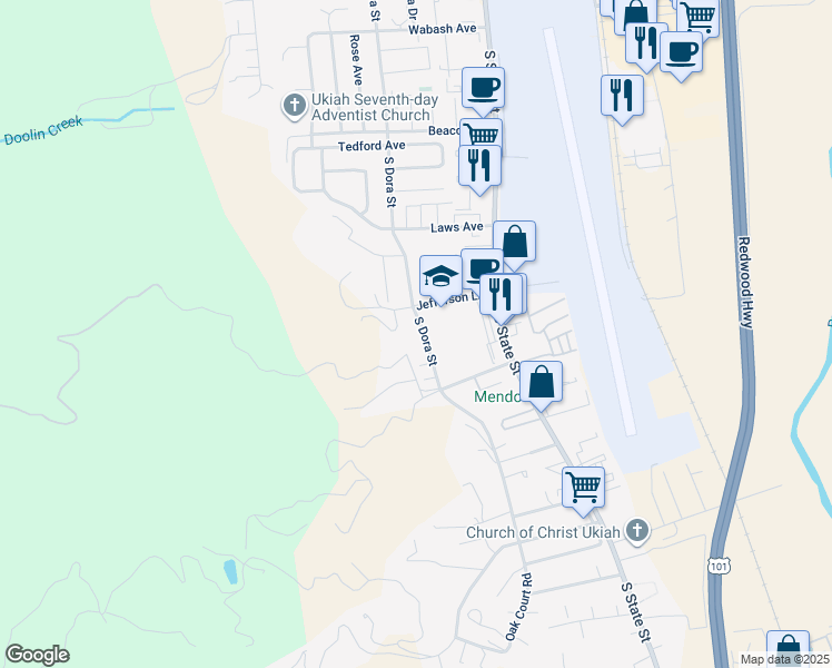 map of restaurants, bars, coffee shops, grocery stores, and more near 251 Jefferson Lane in Ukiah