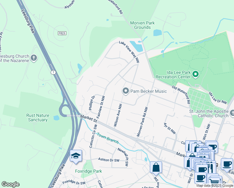 map of restaurants, bars, coffee shops, grocery stores, and more near 214 Pershing Avenue Northwest in Leesburg