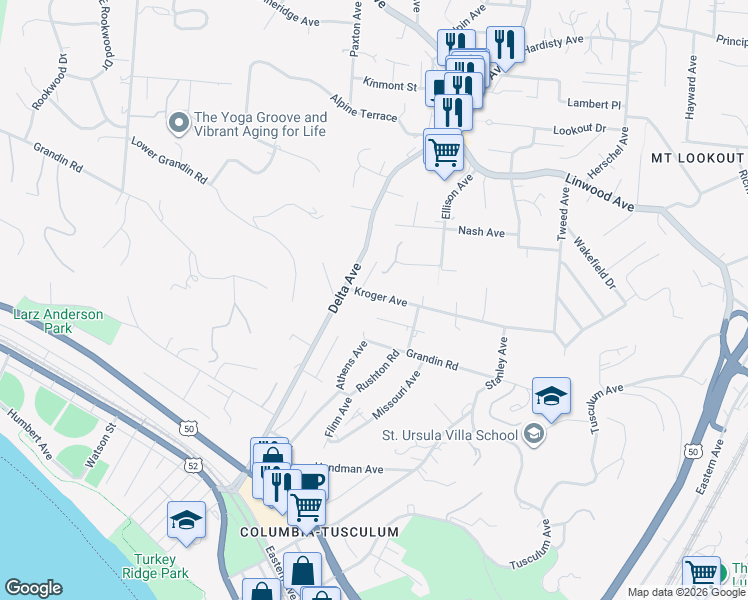 map of restaurants, bars, coffee shops, grocery stores, and more near 3530 Kroger Avenue in Cincinnati