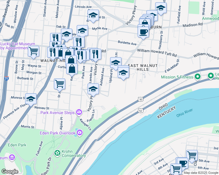map of restaurants, bars, coffee shops, grocery stores, and more near 2315 Upland Place in Cincinnati