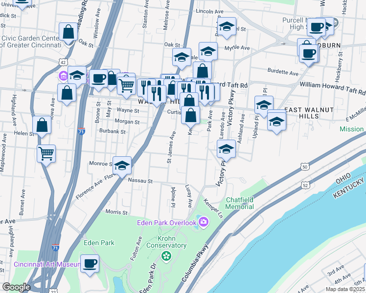 map of restaurants, bars, coffee shops, grocery stores, and more near 2321 Kemper Lane in Cincinnati