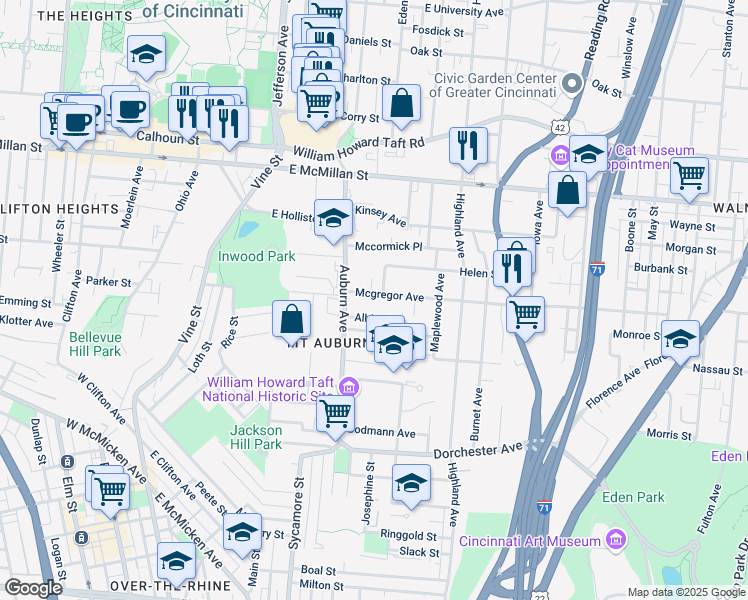map of restaurants, bars, coffee shops, grocery stores, and more near 231 Mcgregor Avenue in Cincinnati