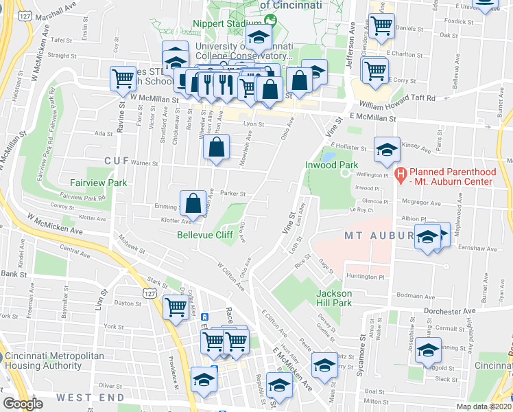 map of restaurants, bars, coffee shops, grocery stores, and more near 2210 Ohio Avenue in Cincinnati