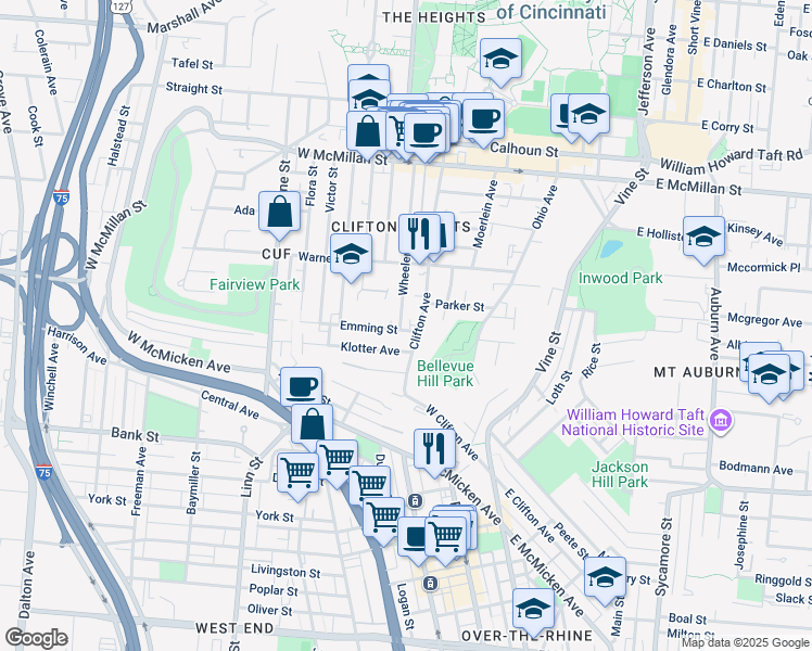 map of restaurants, bars, coffee shops, grocery stores, and more near in Cincinnati