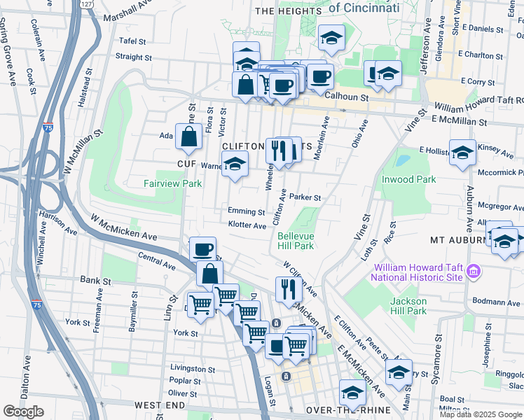 map of restaurants, bars, coffee shops, grocery stores, and more near in Cincinnati