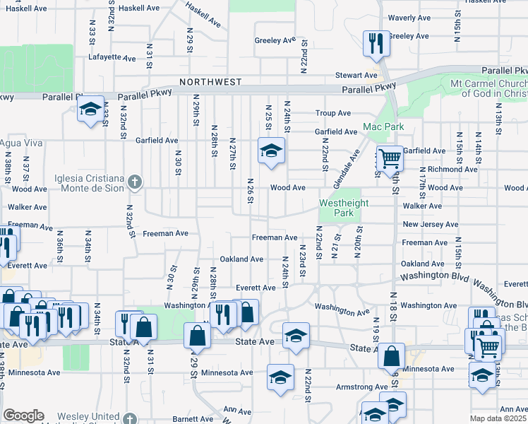 map of restaurants, bars, coffee shops, grocery stores, and more near 1704 North 25 Street in Kansas City
