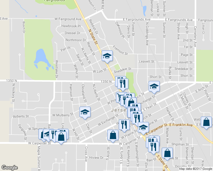 map of restaurants, bars, coffee shops, grocery stores, and more near 203 West Hickory Street in Jerseyville
