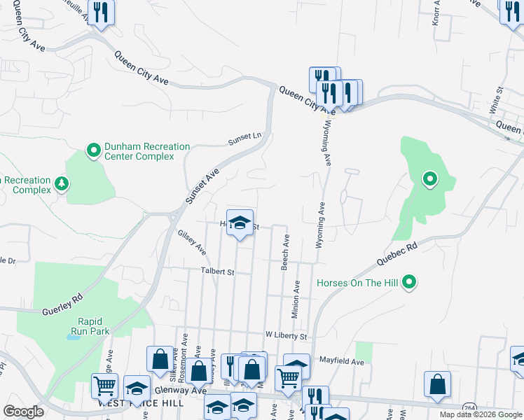 map of restaurants, bars, coffee shops, grocery stores, and more near 1820 1st Avenue in Cincinnati