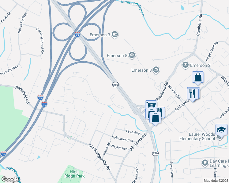 map of restaurants, bars, coffee shops, grocery stores, and more near 8747 Cresthill Court in Laurel