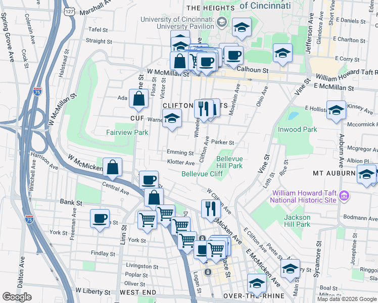 map of restaurants, bars, coffee shops, grocery stores, and more near 242 Emming Street in Cincinnati