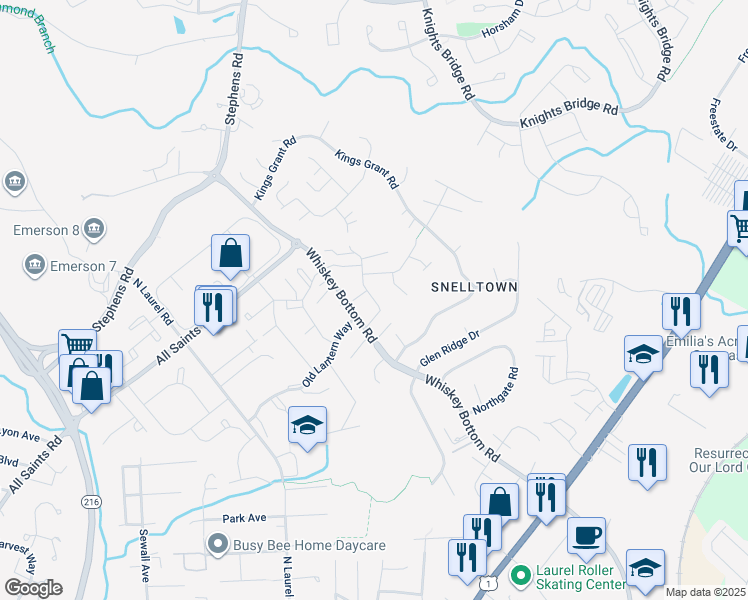 map of restaurants, bars, coffee shops, grocery stores, and more near 9018 Melody Drive in Laurel