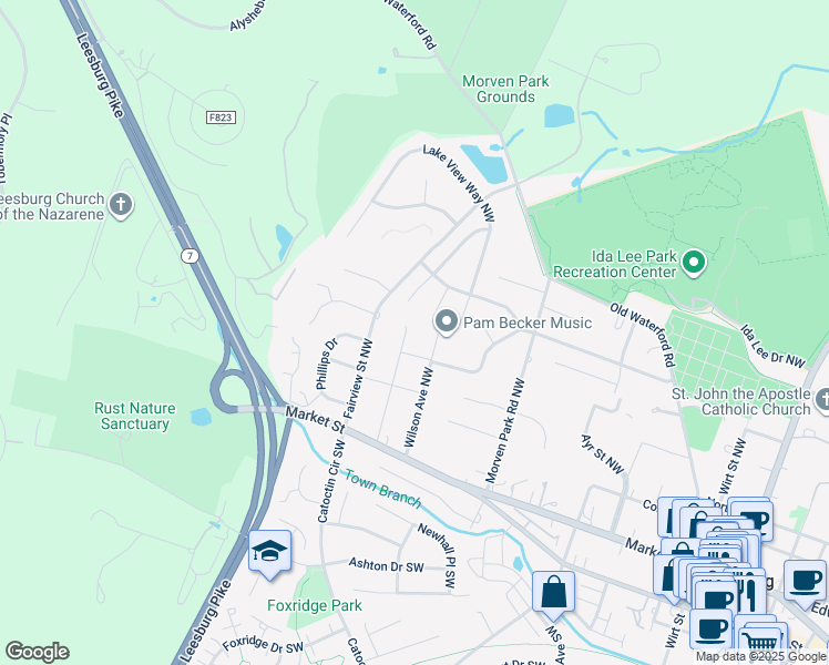 map of restaurants, bars, coffee shops, grocery stores, and more near 214 Pershing Avenue Northwest in Leesburg