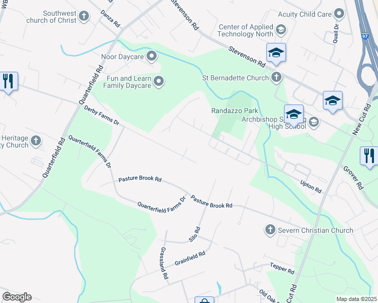 map of restaurants, bars, coffee shops, grocery stores, and more near 8097 Stirrup Drive in Severn