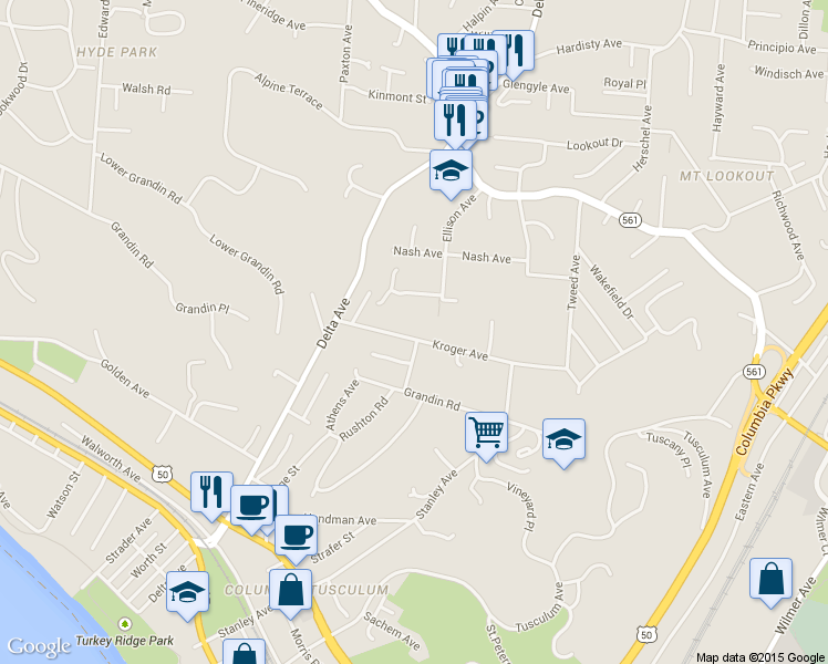 map of restaurants, bars, coffee shops, grocery stores, and more near 3560 Kroger Avenue in Cincinnati
