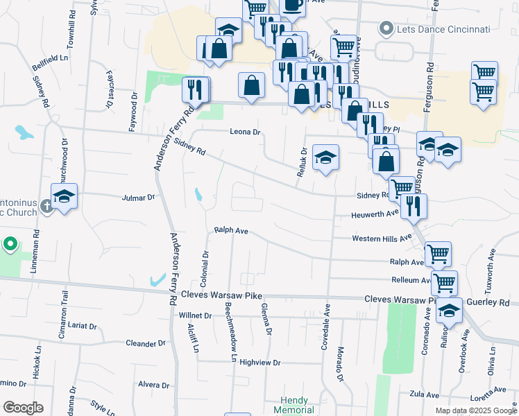 map of restaurants, bars, coffee shops, grocery stores, and more near 5222 Willowood Avenue in Cincinnati