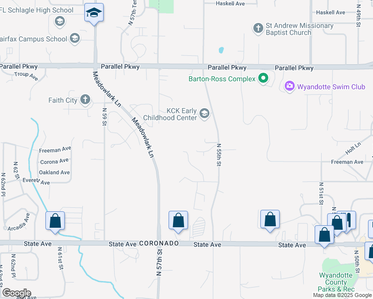 map of restaurants, bars, coffee shops, grocery stores, and more near 5556 Freeman Avenue in Kansas City