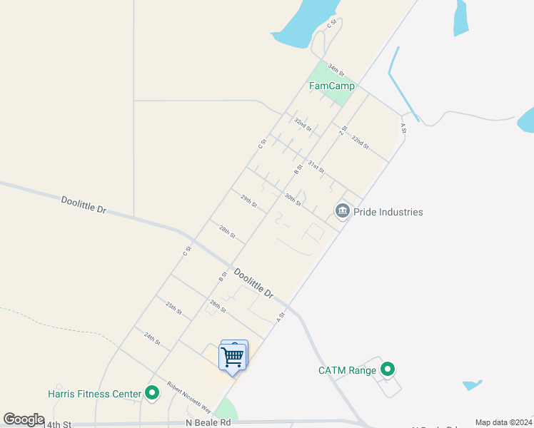 map of restaurants, bars, coffee shops, grocery stores, and more near B Street in Beale Air Force Base
