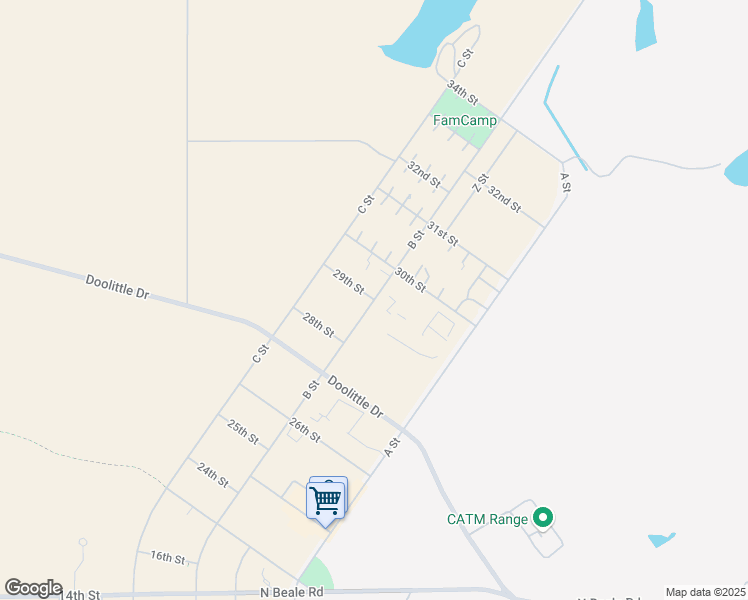 map of restaurants, bars, coffee shops, grocery stores, and more near B Street in Beale Air Force Base