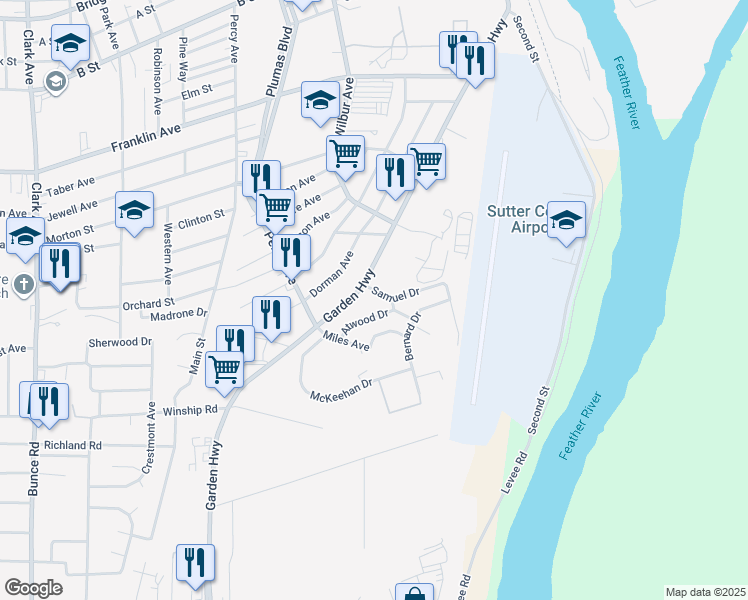 map of restaurants, bars, coffee shops, grocery stores, and more near 370 Garden Highway in Yuba City