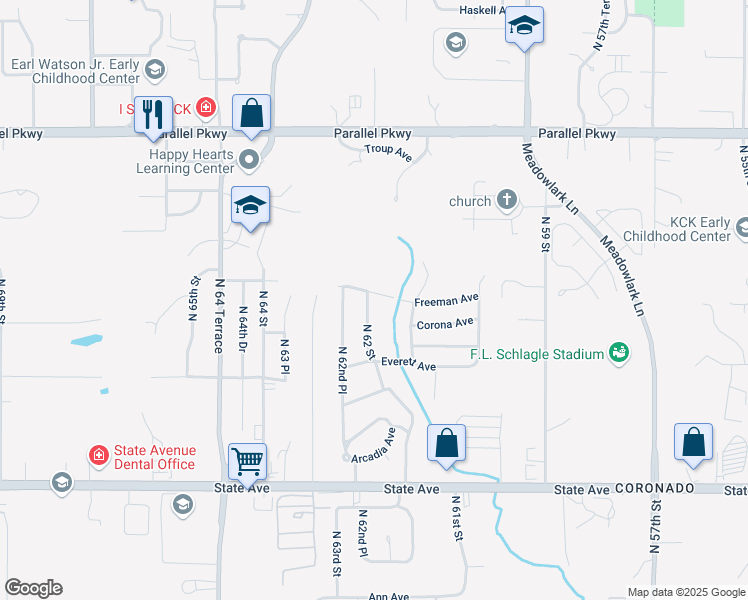 map of restaurants, bars, coffee shops, grocery stores, and more near 6171 Freeman Avenue in Kansas City